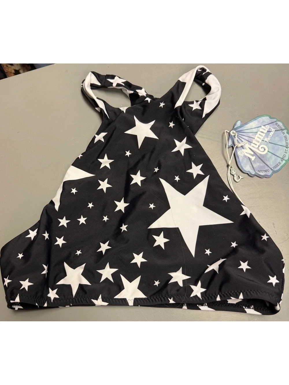 117. NWT! MuMu Mermaid•Star Print Halter Bikini Top•Black & White•LARGE